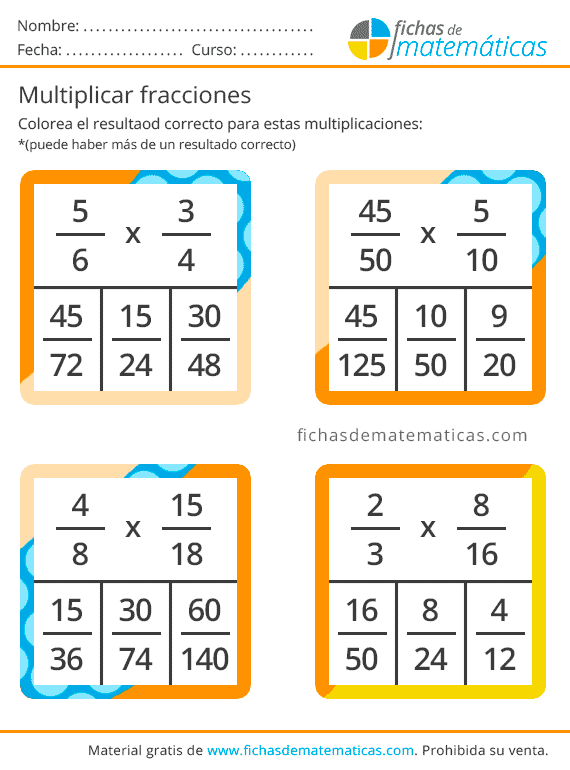 Multiplicar Fracciones. Ejercicios de Multiplicaciones Gratis en PDF