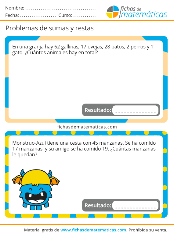 Problemas de Sumas y Restas para Primaria - Descargar PDF Gratis