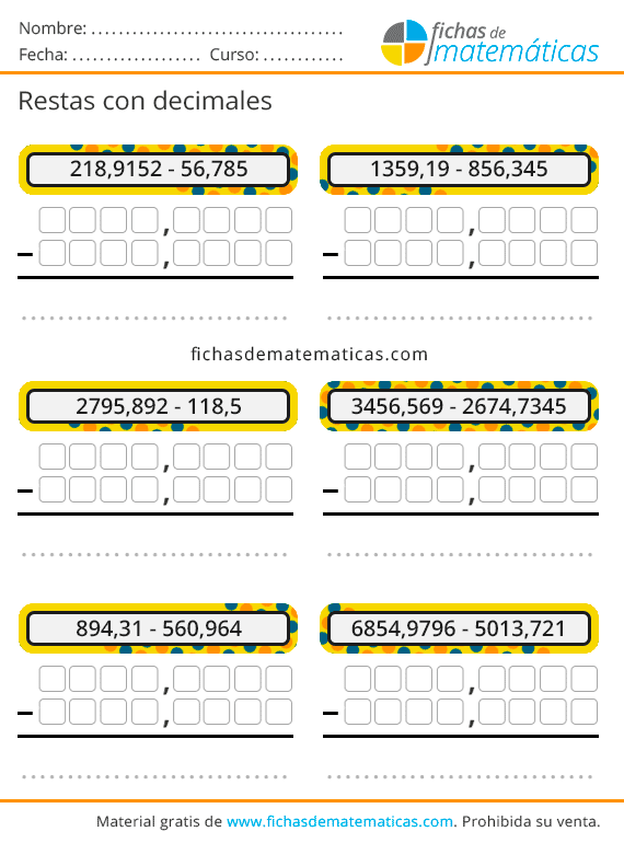 Restas con decimales - Fichas de matemáticas
